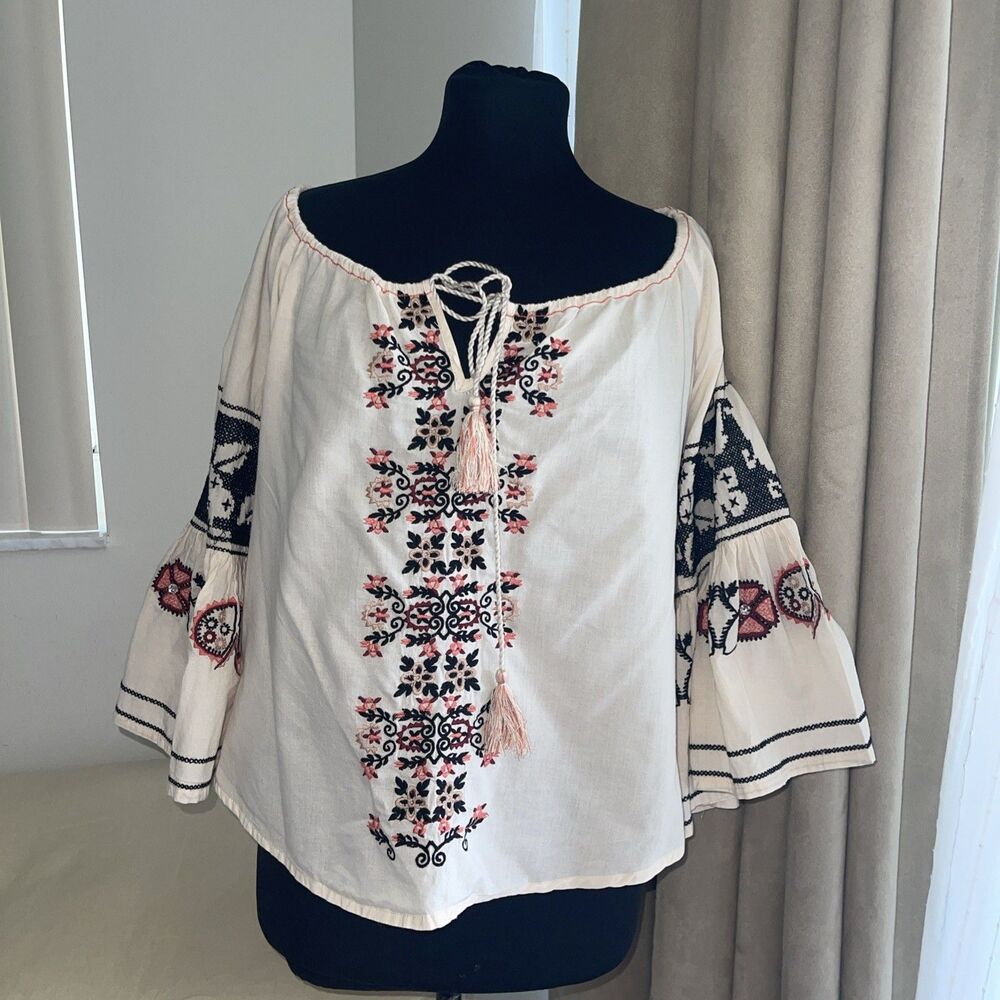Sophie Max 100% Cotton Embroidered Boho Festival Casual Top Bell Sleeve M - Picture 4 of 9